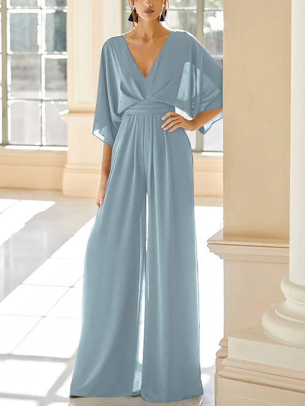 Chiffon V-Neck Mother of the Bride Pantsuits with Pockets - Image 17