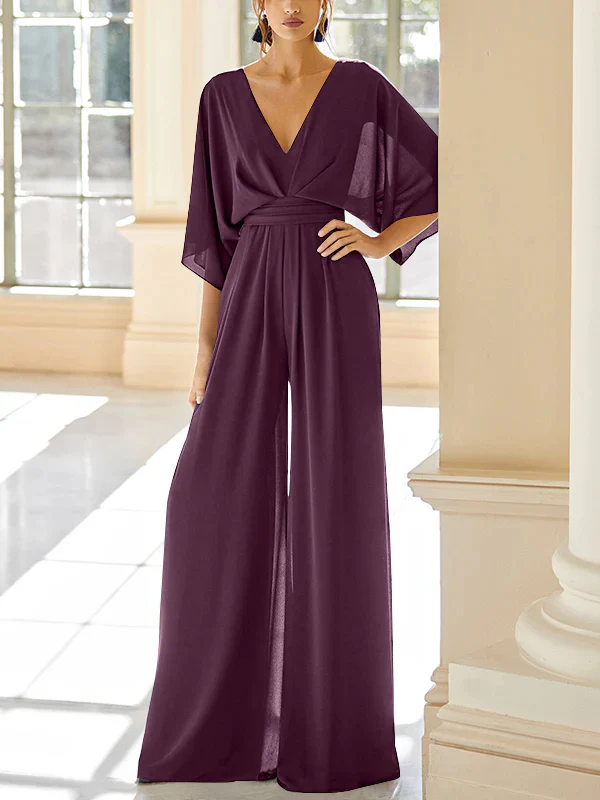 Chiffon V-Neck Mother of the Bride Pantsuits with Pockets - Image 22