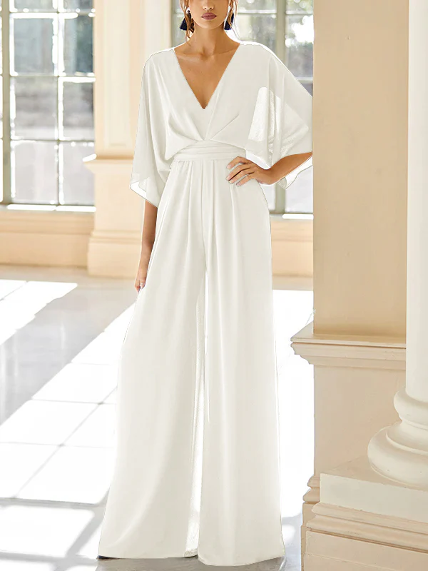 Chiffon V-Neck Mother of the Bride Pantsuits with Pockets - Image 25