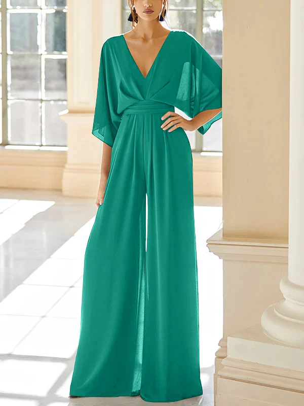 Chiffon V-Neck Mother of the Bride Pantsuits with Pockets - Image 26