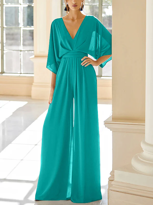 Chiffon V-Neck Mother of the Bride Pantsuits with Pockets - Image 39