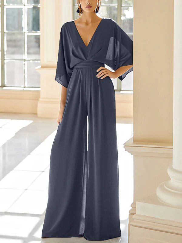 Chiffon V-Neck Mother of the Bride Pantsuits with Pockets - Image 47