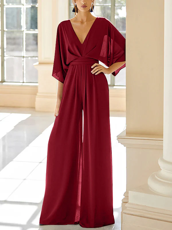 Chiffon V-Neck Mother of the Bride Pantsuits with Pockets - Image 52