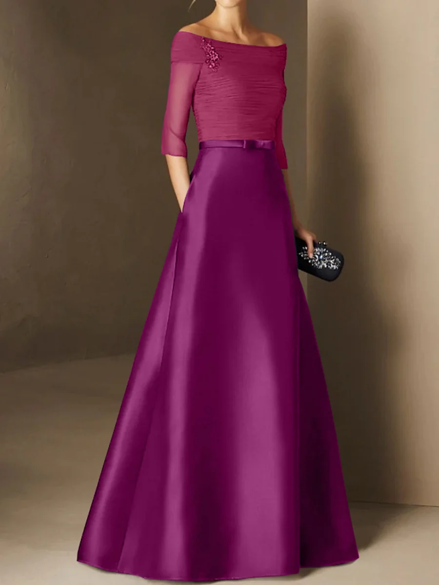 A-Line/Princess Off-the-Shoulder Short Sleeves Mother of the Bride Dresses with Belt Applique - Image 20