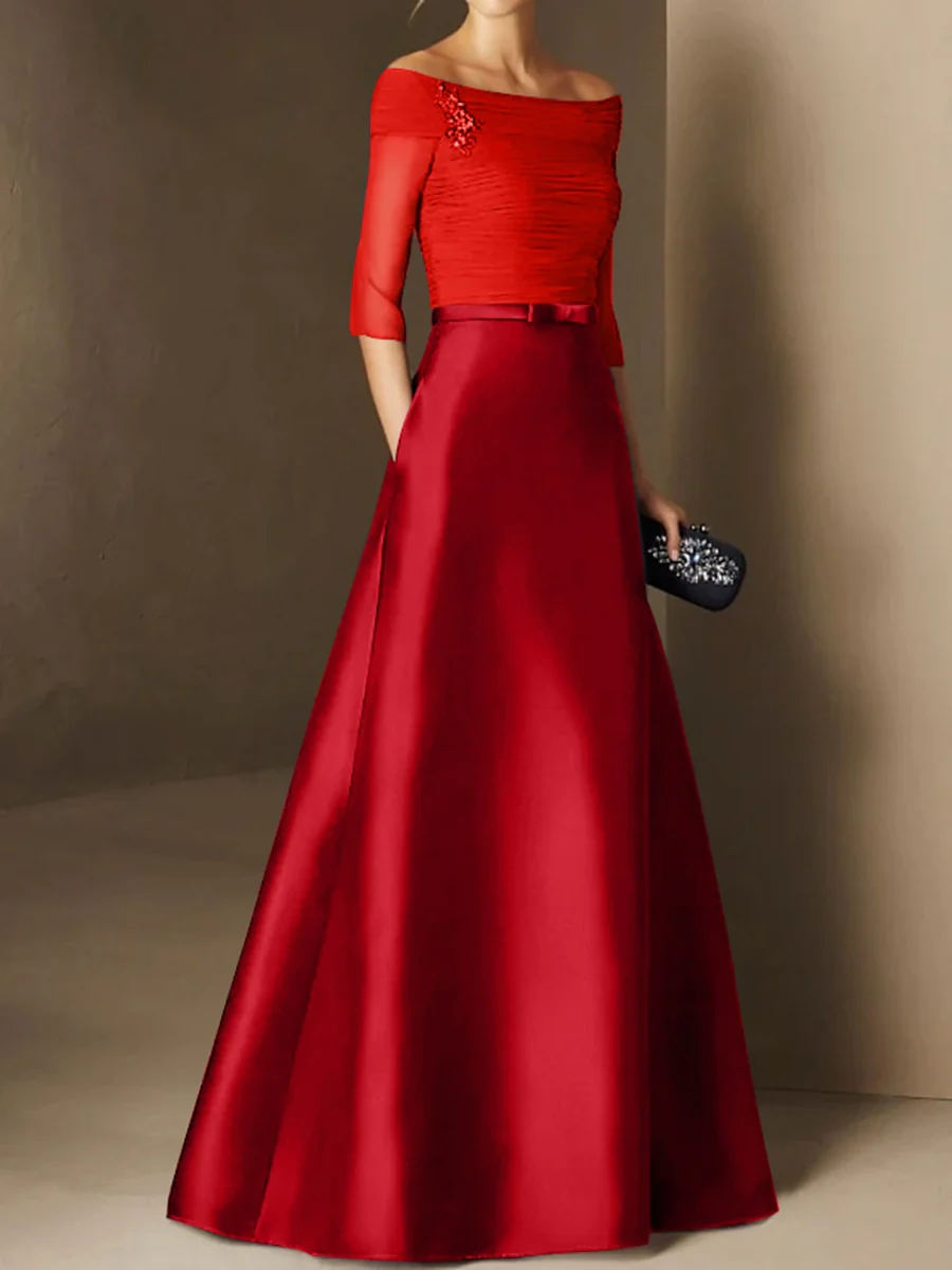 A-Line/Princess Off-the-Shoulder Short Sleeves Mother of the Bride Dresses with Belt Applique - Image 22