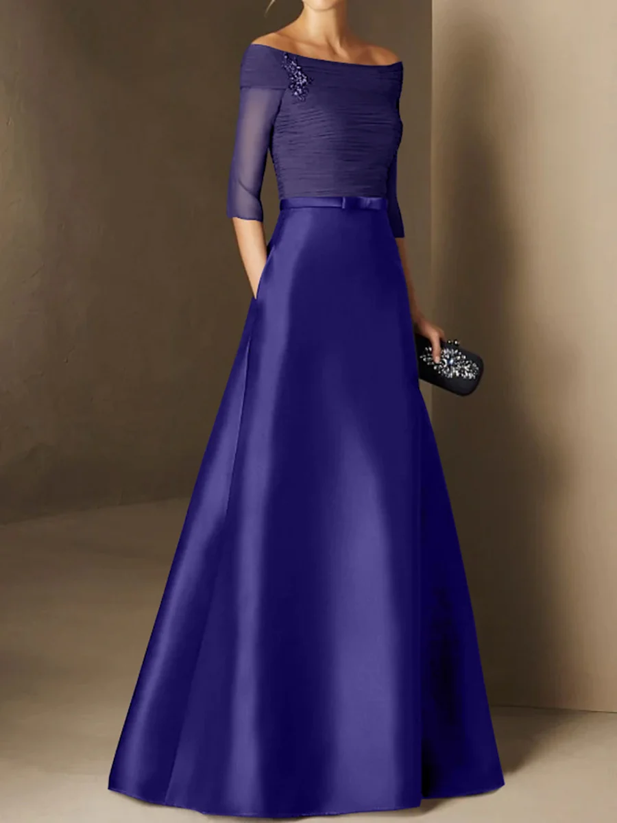 A-Line/Princess Off-the-Shoulder Short Sleeves Mother of the Bride Dresses with Belt Applique - Image 23