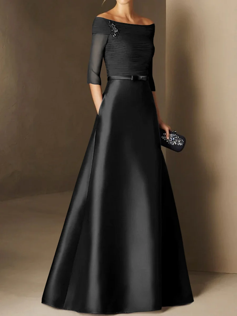A-Line/Princess Off-the-Shoulder Short Sleeves Mother of the Bride Dresses with Belt Applique - Image 3