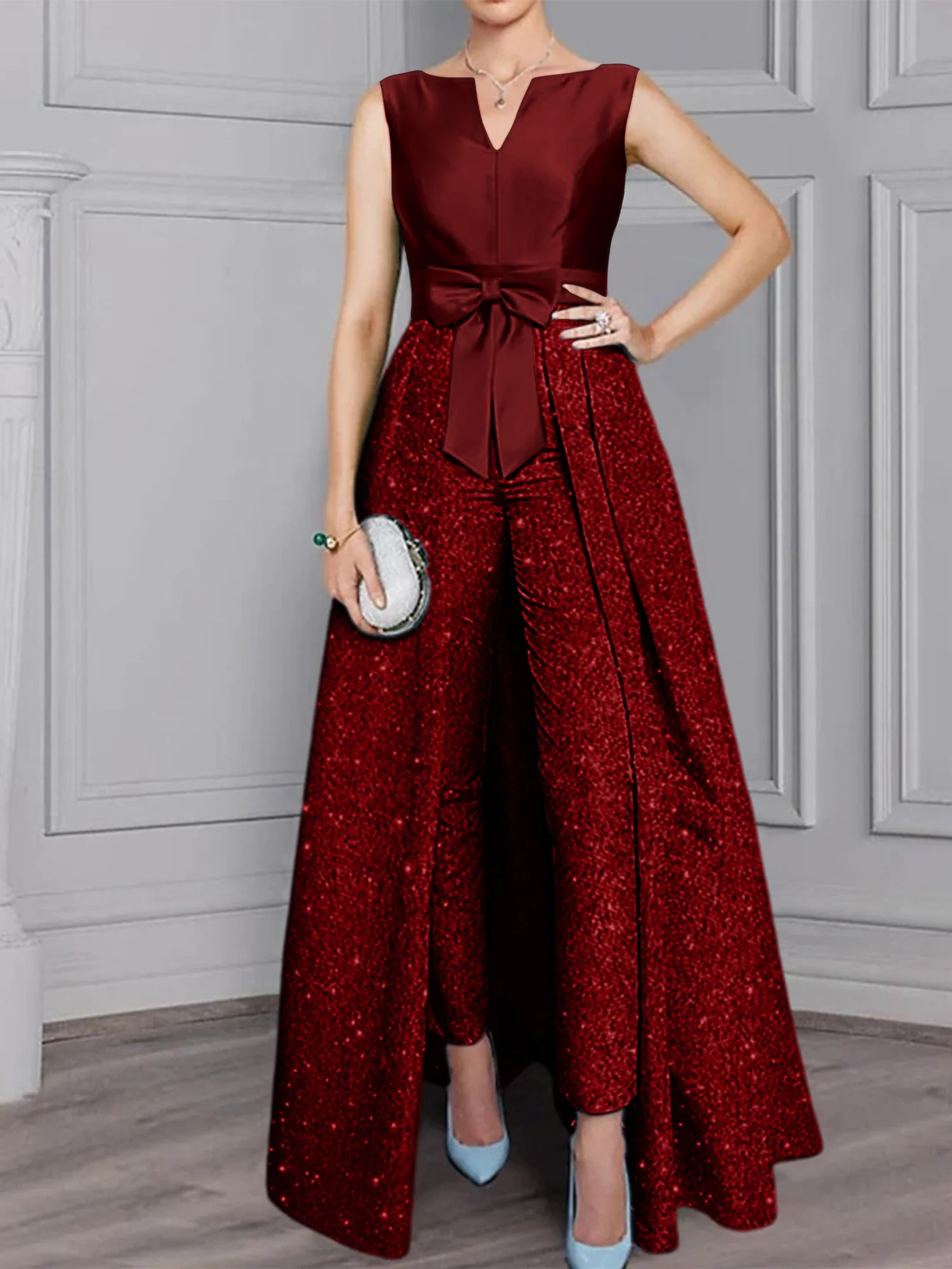 Chiffon Scoop Long Sleeves Mother of the Bride Pantsuits with Sash ＆ Sequins - Image 14