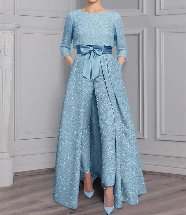 Chiffon Scoop Long Sleeves Mother of the Bride Pantsuits with Sash ＆ Sequins - Image 2