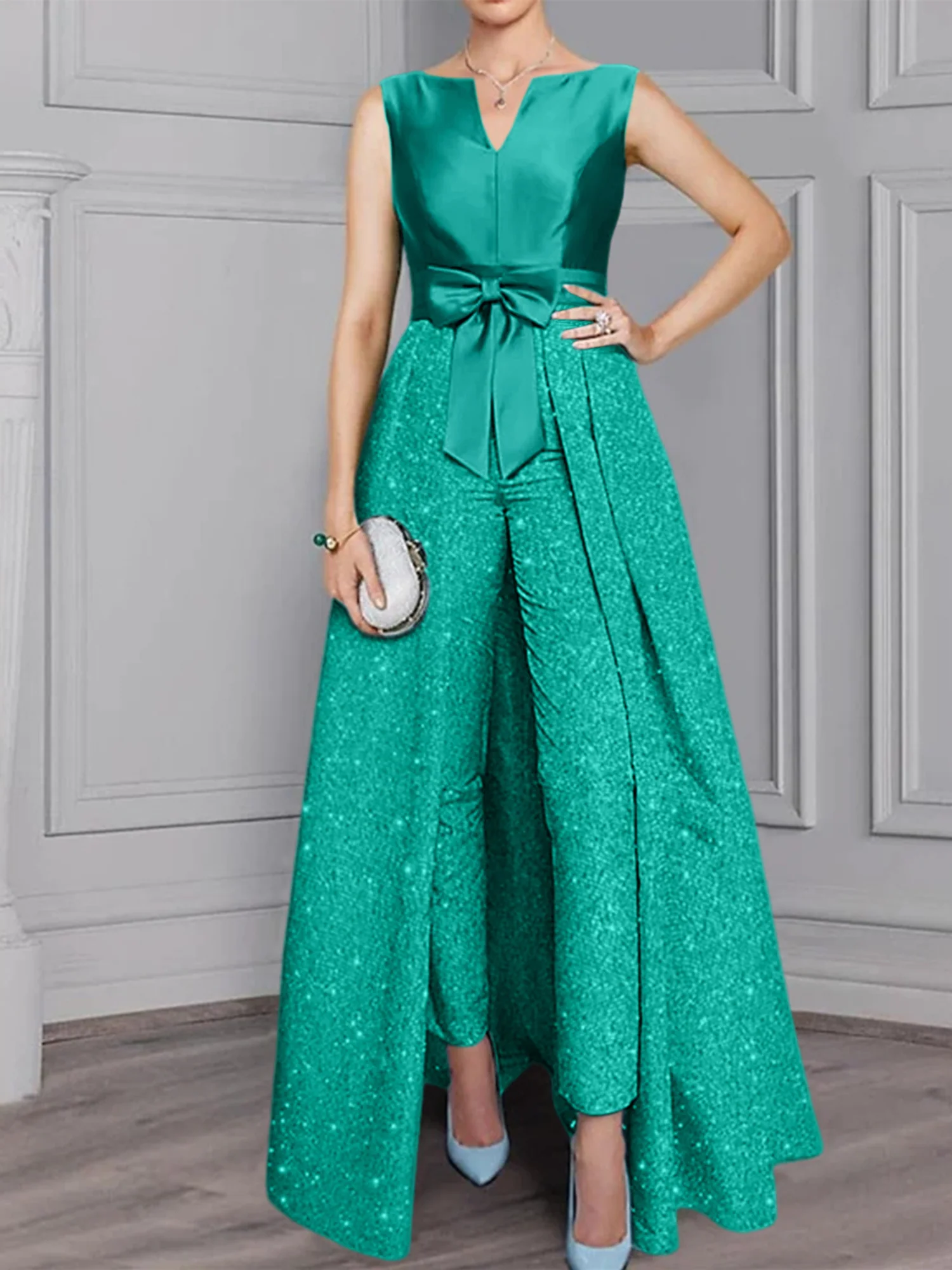 Chiffon Scoop Long Sleeves Mother of the Bride Pantsuits with Sash ＆ Sequins - Image 24