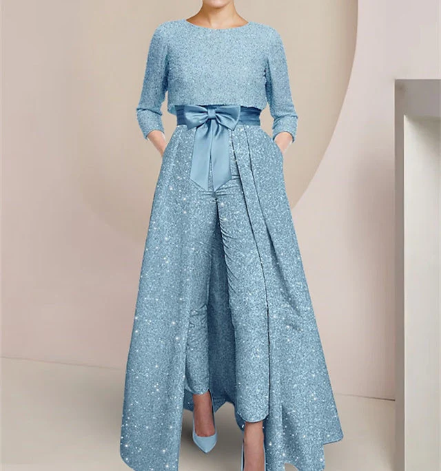 Chiffon Scoop Long Sleeves Mother of the Bride Pantsuits with Sash ＆ Sequins - Image 3