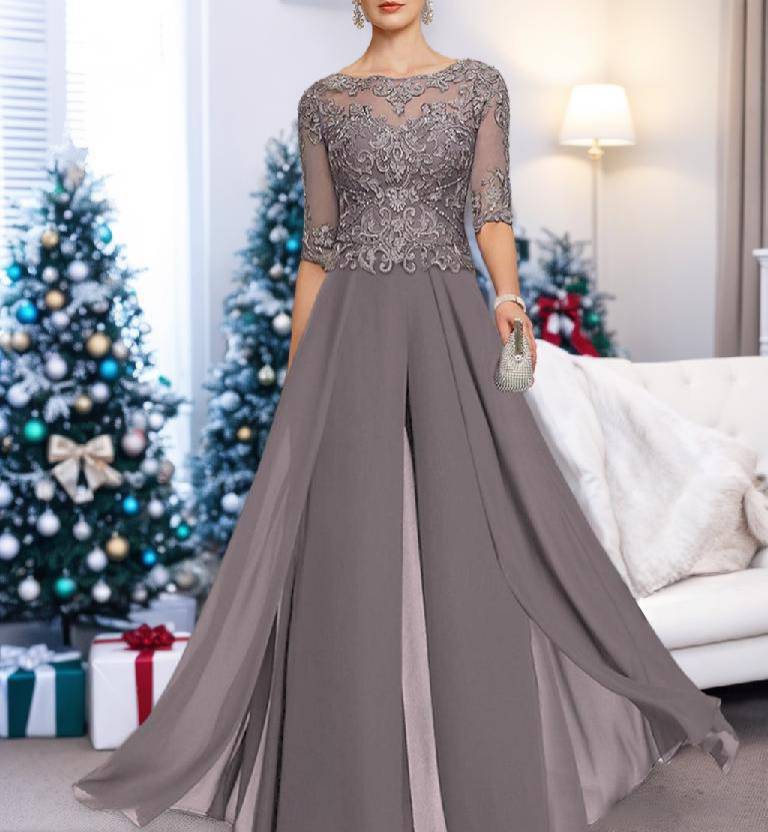 Chiffon Jewel Neck Half Sleeves Ankle-Length Mother of the Bride Pantsuits with Lace - Image 8
