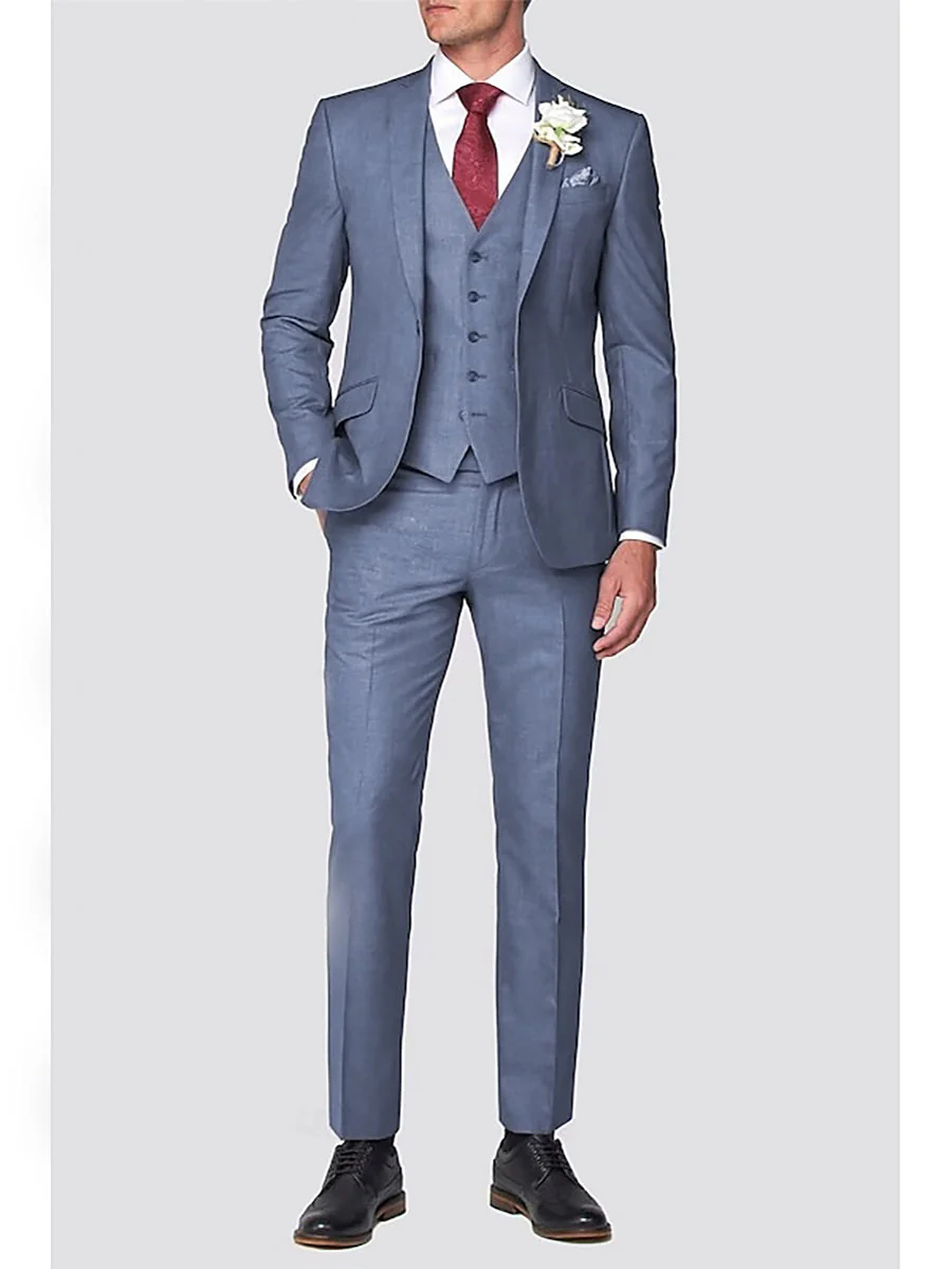 Dusty Blue Men's Tailored Fit Notch Single Breasted One-button Beach Wedding Party Suits - Image 2