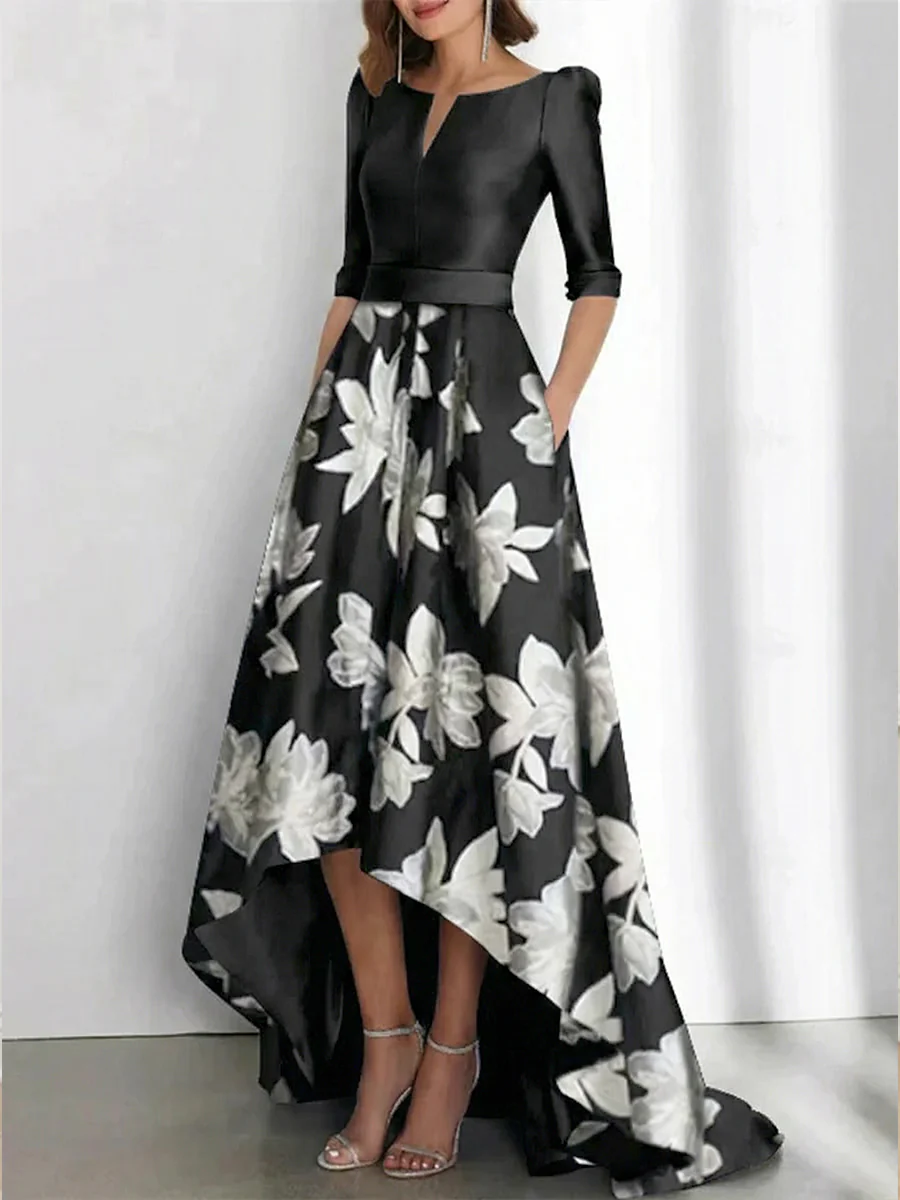 Elegant A-Line Boat Neck Printed Flower Asymmetrical Mother of the Bride & Groom Dresses - Image 2