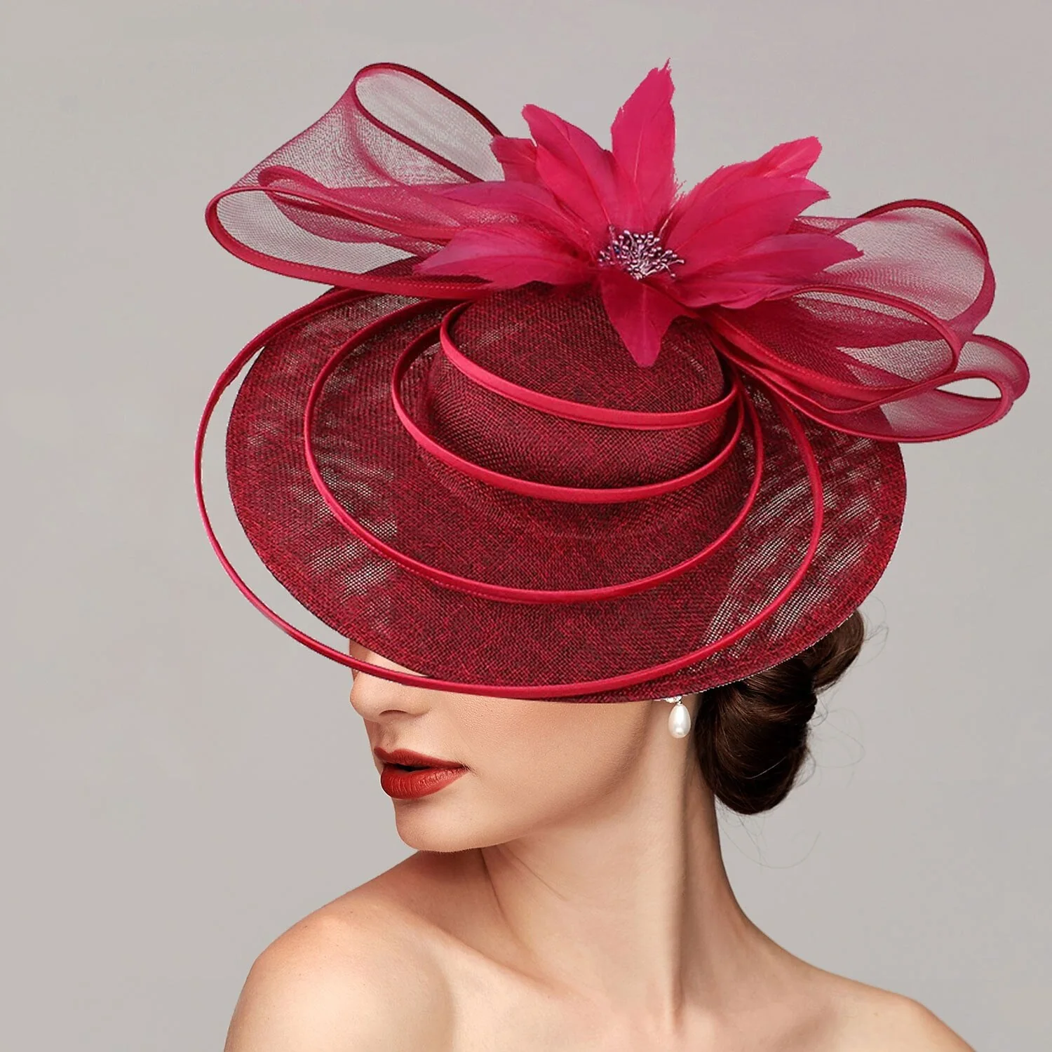 Elegant Net Saucer Hat Fascinator Hats Headpiece Flower Bow & Rhinestone - Image 3