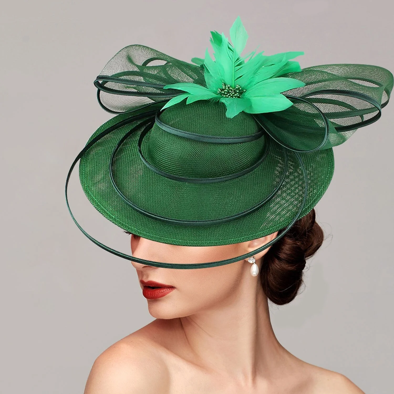Elegant Net Saucer Hat Fascinator Hats Headpiece Flower Bow & Rhinestone - Image 4