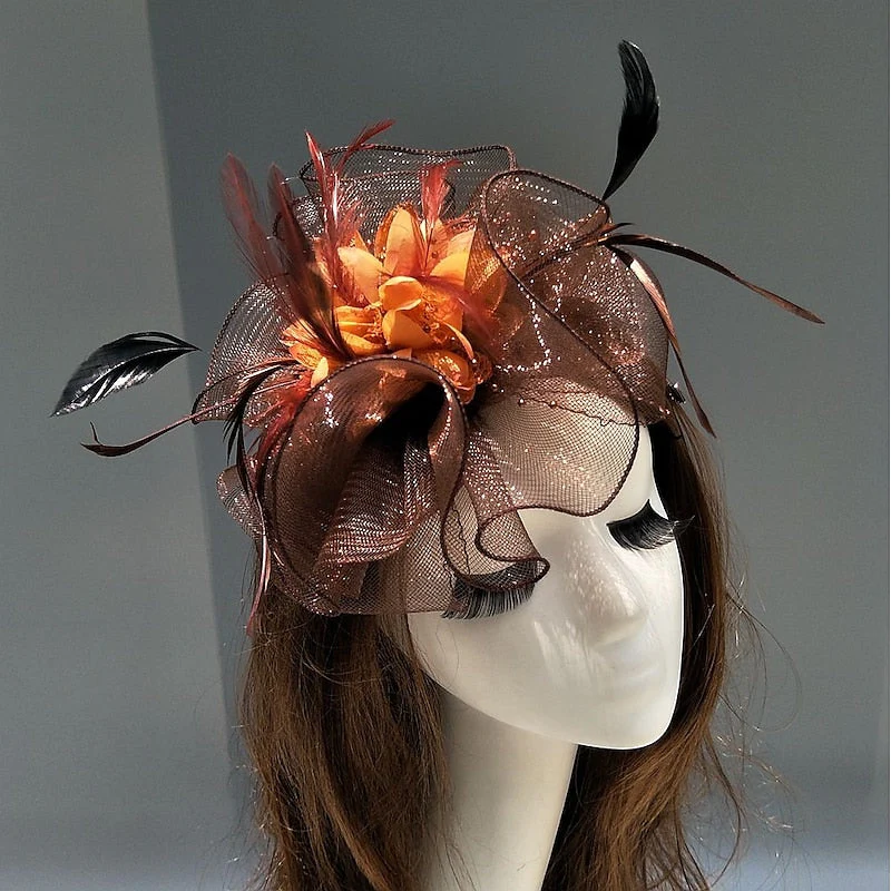 Elegant Net Saucer Hat Fascinator Hats Headpiece Flower Feather & Beading - Image 15