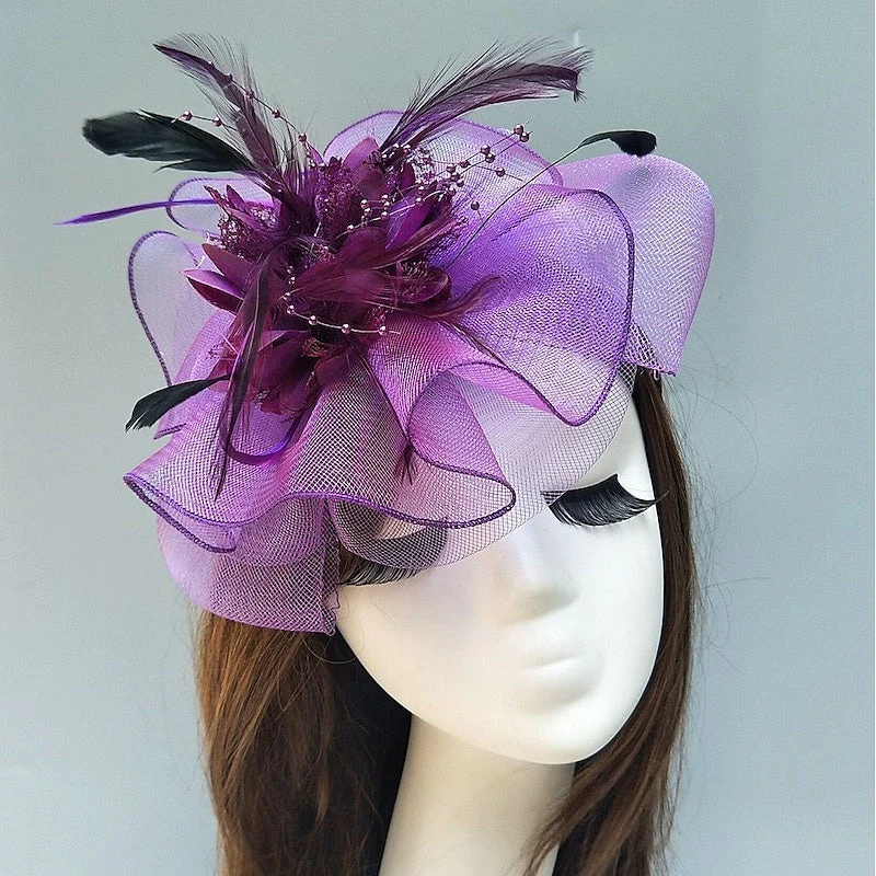 Elegant Net Saucer Hat Fascinator Hats Headpiece Flower Feather & Beading - Image 2
