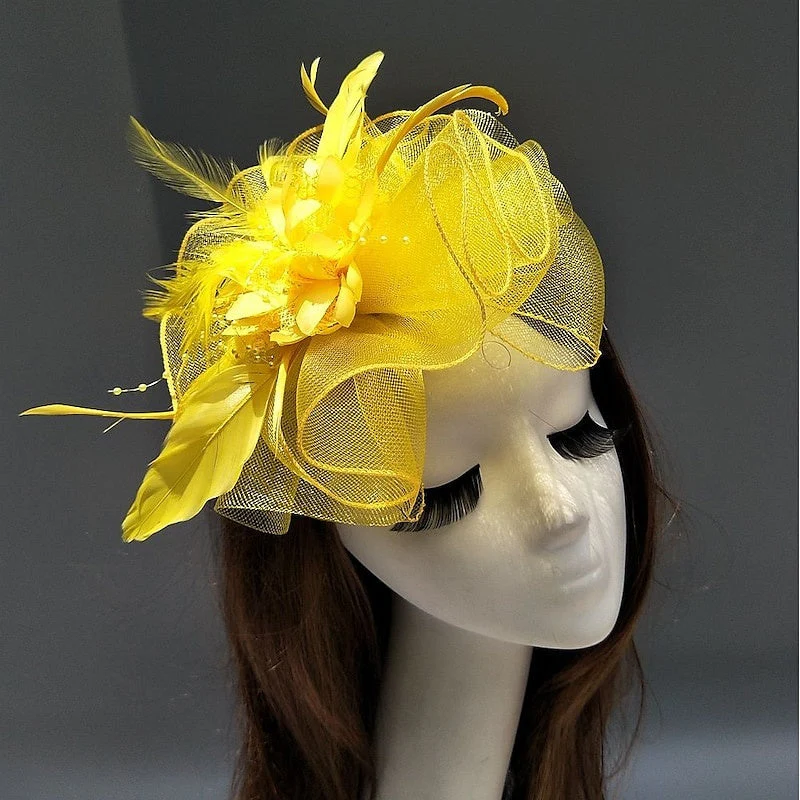 Elegant Net Saucer Hat Fascinator Hats Headpiece Flower Feather & Beading - Image 8