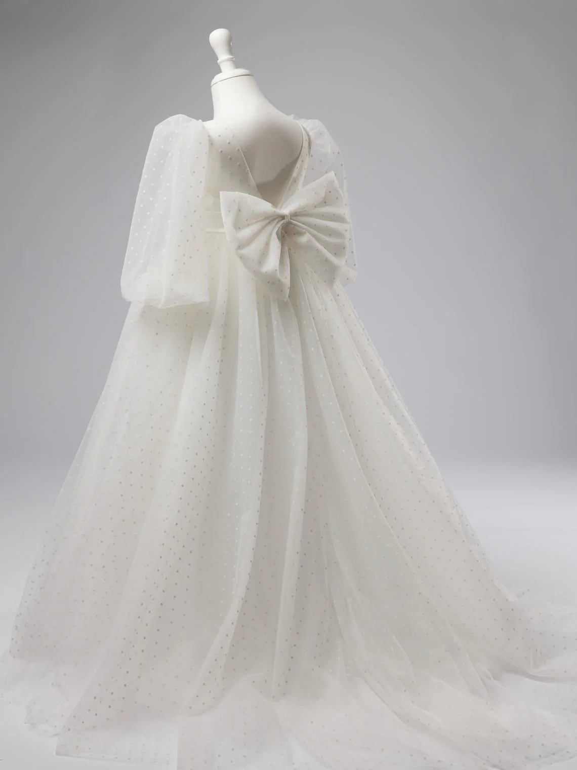 Elegant Polka Dot Tulle Puff Sleeve Sweep Train First Communion Flower Girl Dress - Image 6