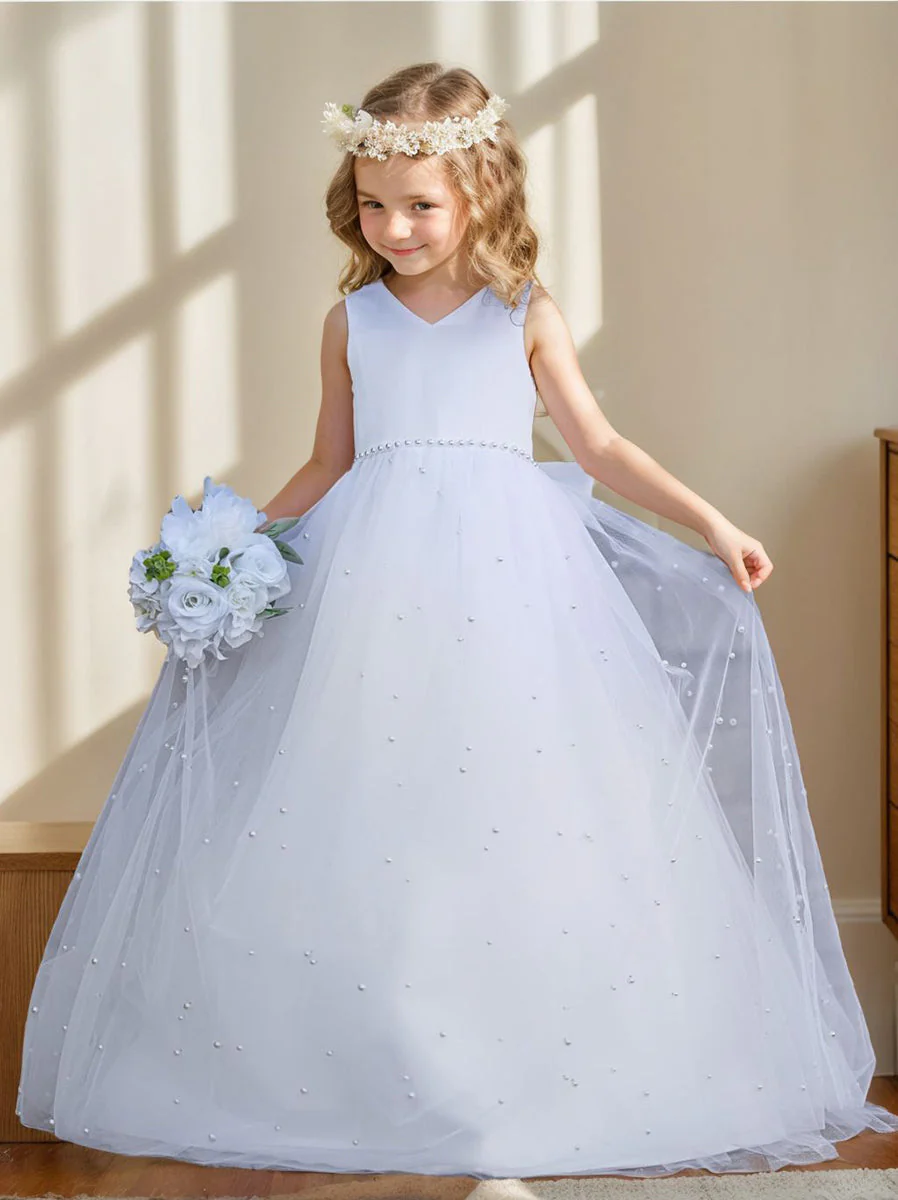 Elegant Princess Ball Gown Satin & Tulle Flower Girl Dress - Image 2