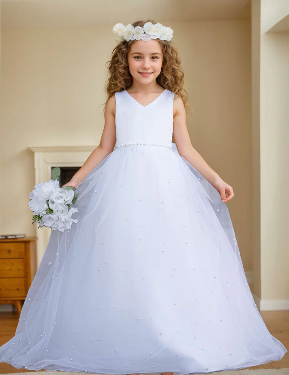 Elegant Princess Ball Gown Satin & Tulle Flower Girl Dress - Image 6