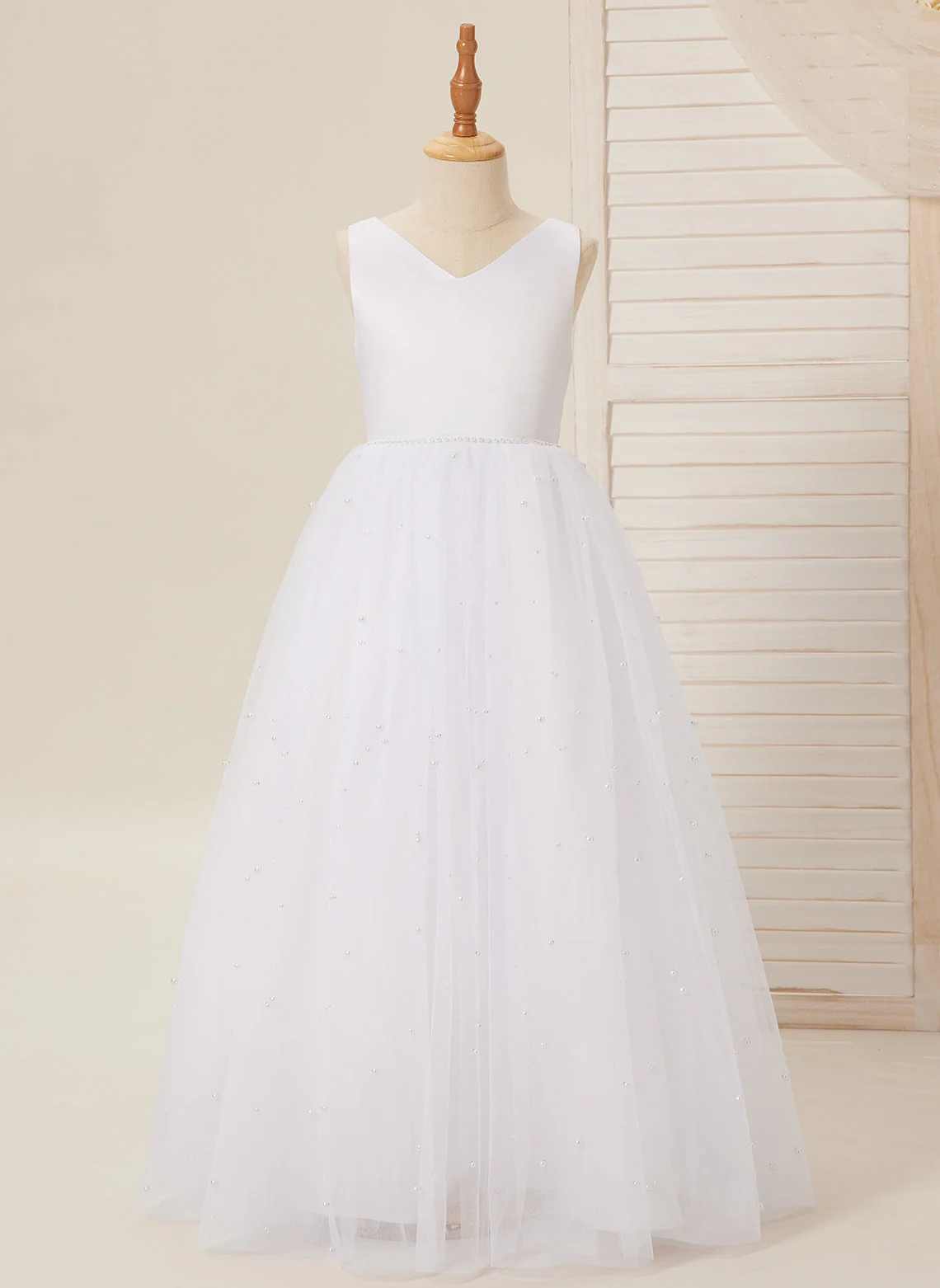 Elegant Princess Ball Gown Satin & Tulle Flower Girl Dress - Image 8