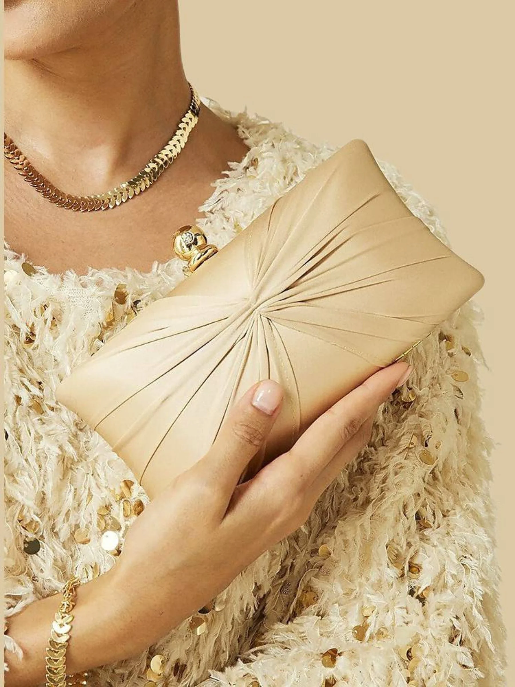 Elegant Satin Gold Chain Ruffle Clutch Bag with Crystal Clasp - Image 8