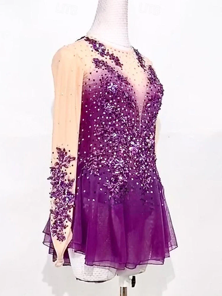 Figure Skating Dress Women's Girls' Ice  Purple Patchwork Thumbhole Mesh High Elasticity Skating Wear - Image 2