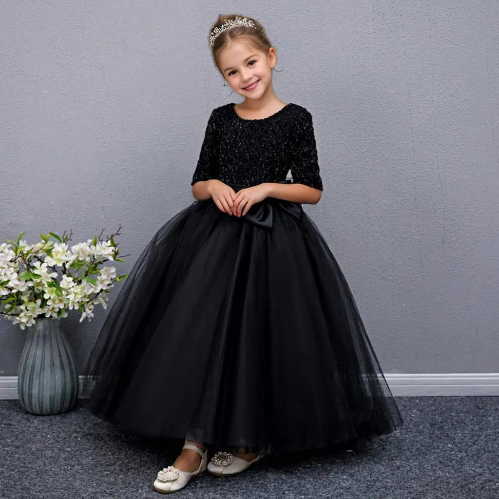 Floor Length Half Sleeves Round Neck A-Line/Princess Girl Party Dress with Bow - Image 3