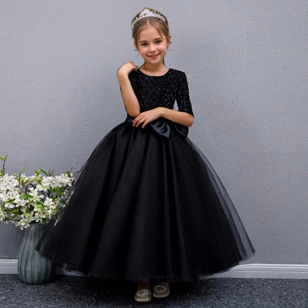 Floor Length Half Sleeves Round Neck A-Line/Princess Girl Party Dress with Bow - Image 4
