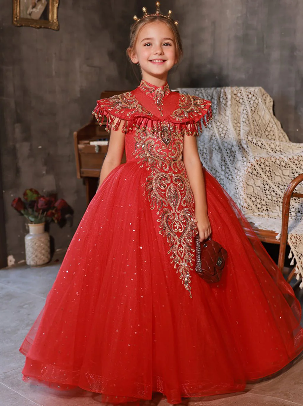 Floor Length High Neck Traditional Flower Girl Party Dresses with Rhinestone Appliques