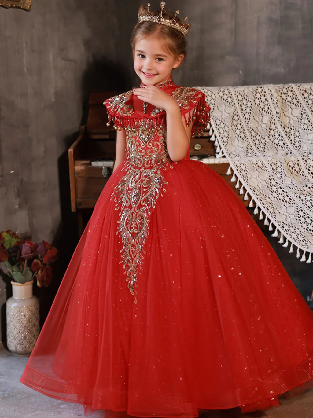 Floor Length High Neck Traditional Flower Girl Party Dresses with Rhinestone Appliques - Image 3