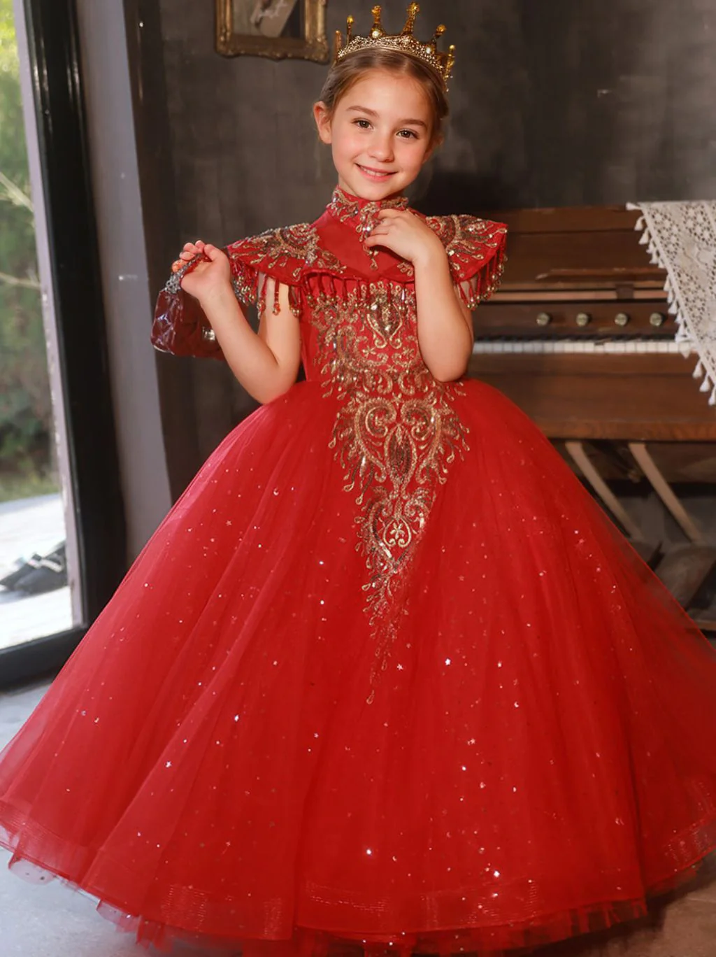 Floor Length High Neck Traditional Flower Girl Party Dresses with Rhinestone Appliques - Image 4