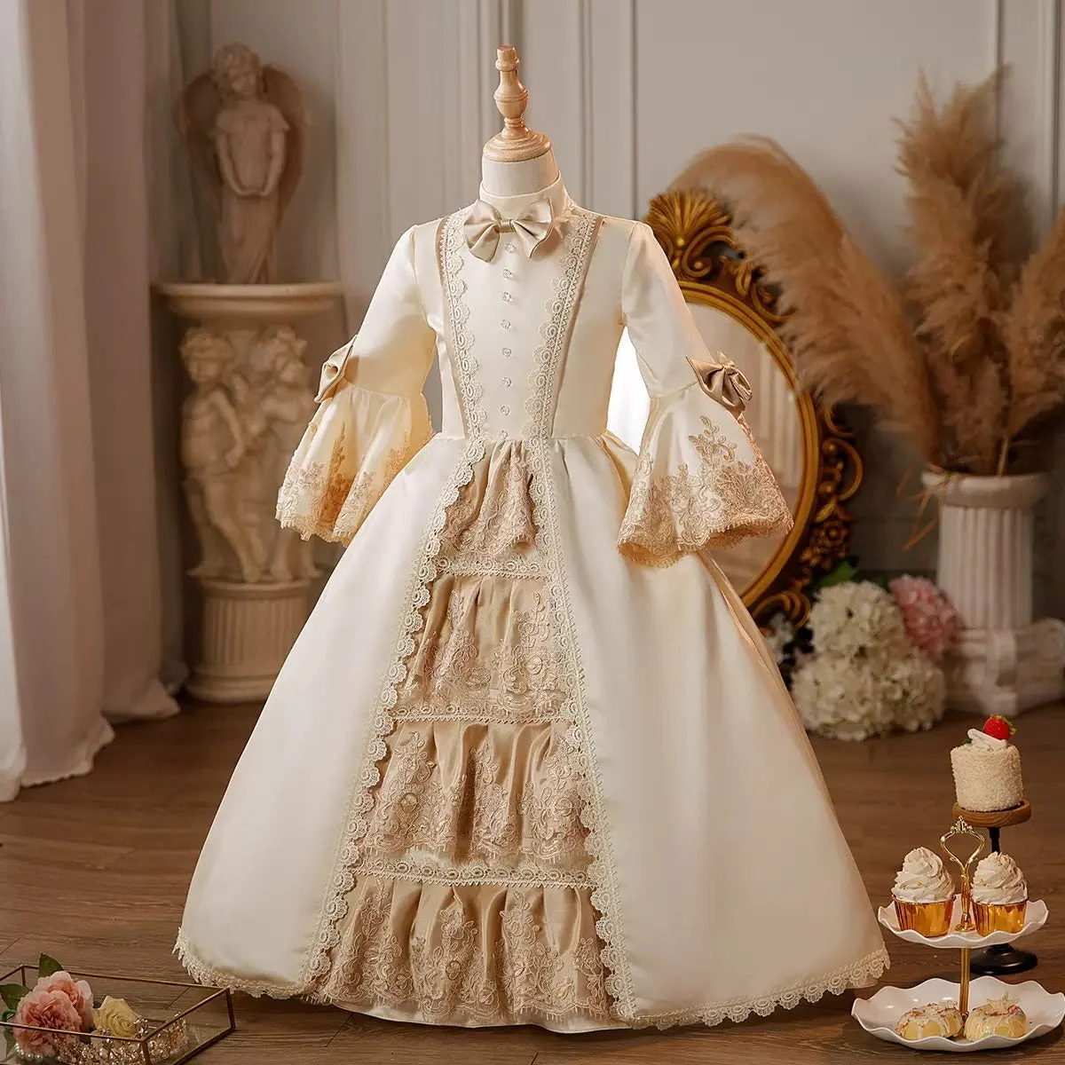Girl's Ball Gown Jewel Neck 3/4 Length Sleeves Floor Length Lace Victorian Princess Costume Cosplay Masquerade Rococo Party Dress with Bowknot - Image 3