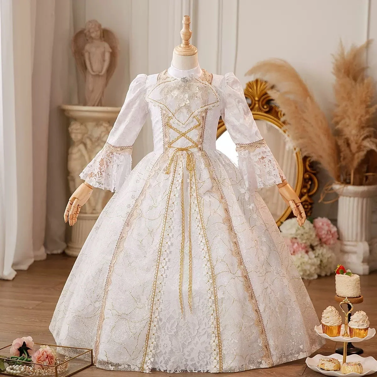 Girl's Ball Gown Jewel Neck 3/4 Length Sleeves Floor Length Victorian Party Costume Cosplay Masquerade Lace Party & Evening Rococo Dress