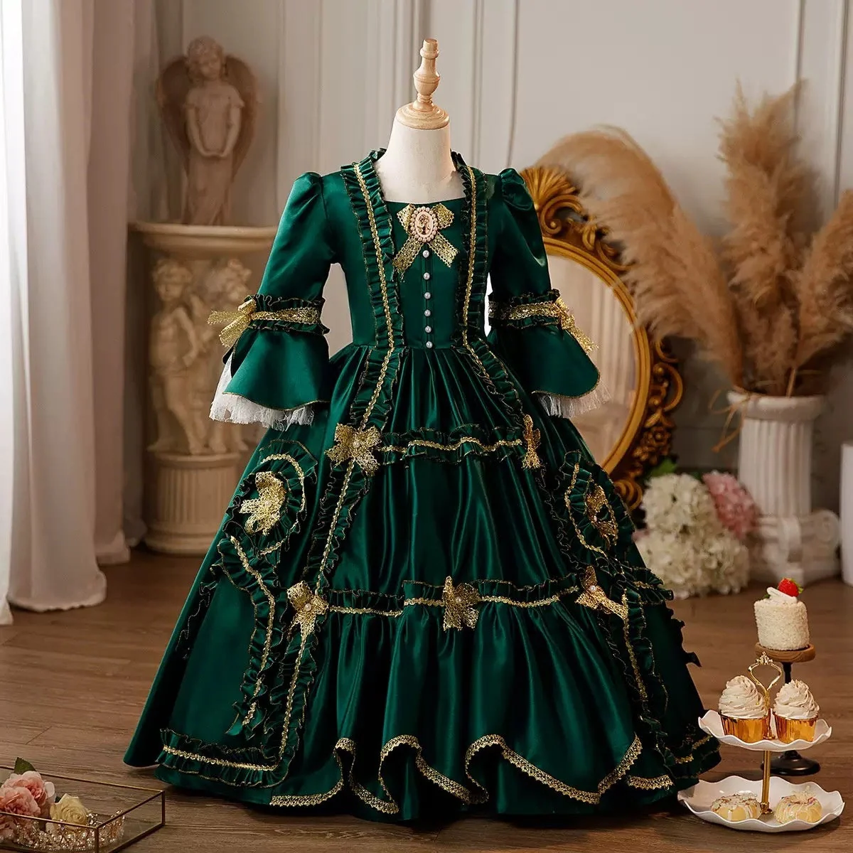 Girl's Ball Gown Square Neck 3/4 Length Sleeves Floor Length Lace Victorian Princess Costume Cosplay Masquerade Rococo Party Dress with Ruffles - Image 3