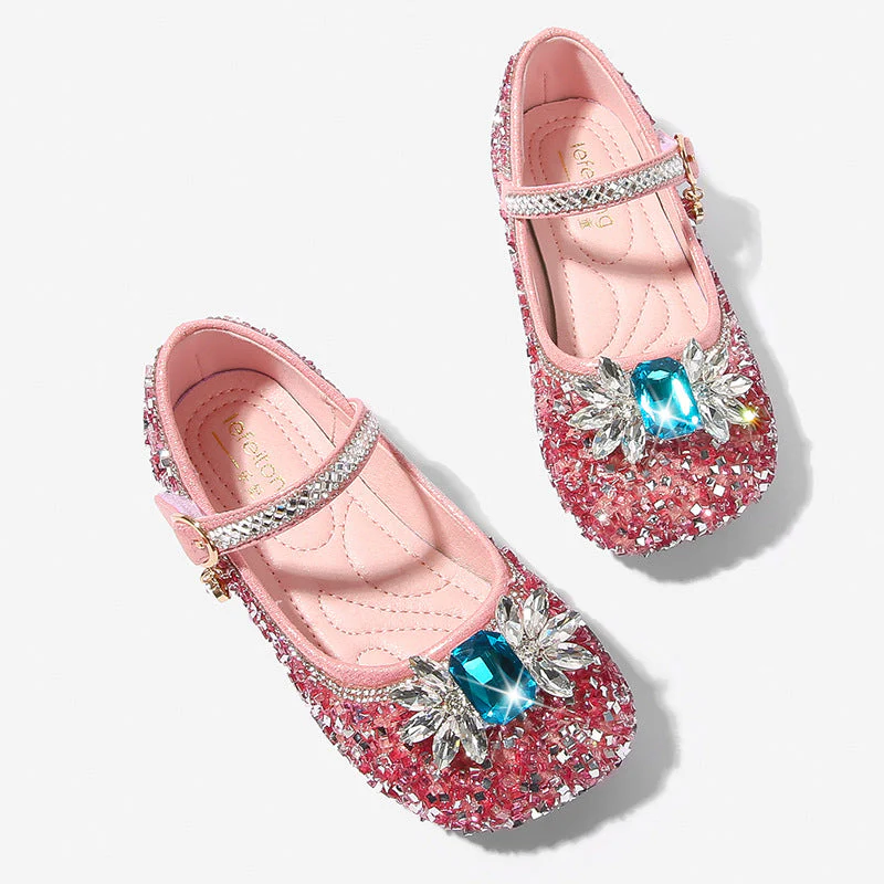 Girl's Sparkling Rhinestone Low Heel Round Toe Shoes with Bow & Velcro - Image 10