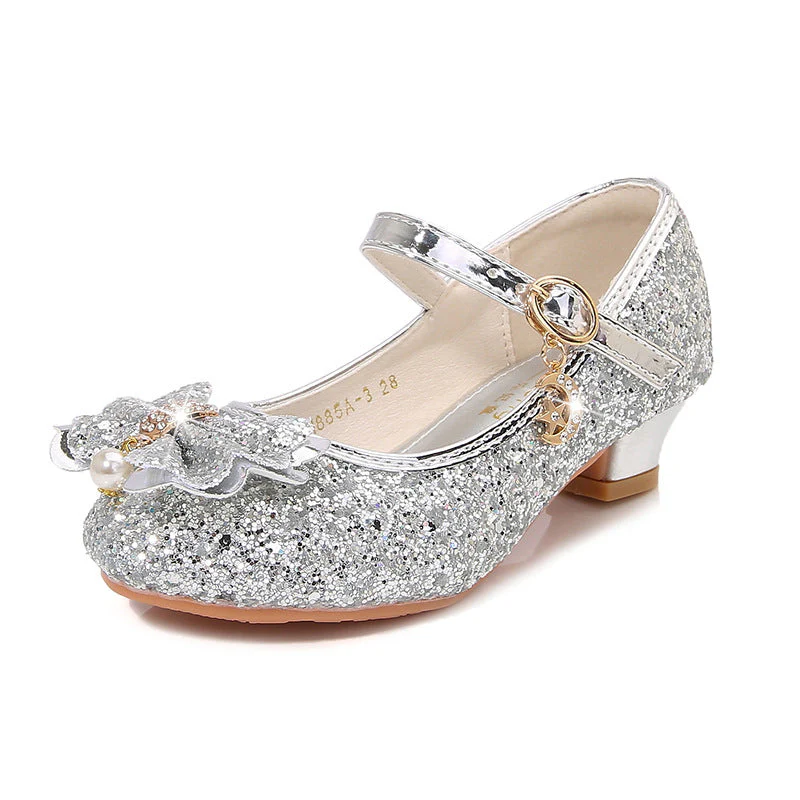 Girl's Sparkling Sequined Bow Block Round Toe Shoes with Pearl & Buckle - Image 3