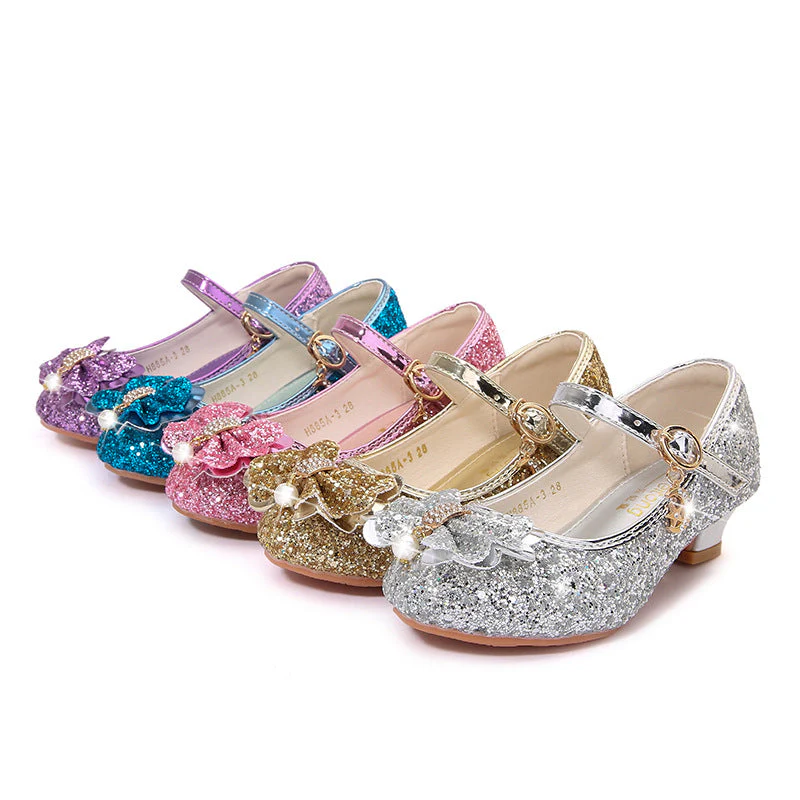Girl's Sparkling Sequined Bow Block Round Toe Shoes with Pearl & Buckle - Image 8