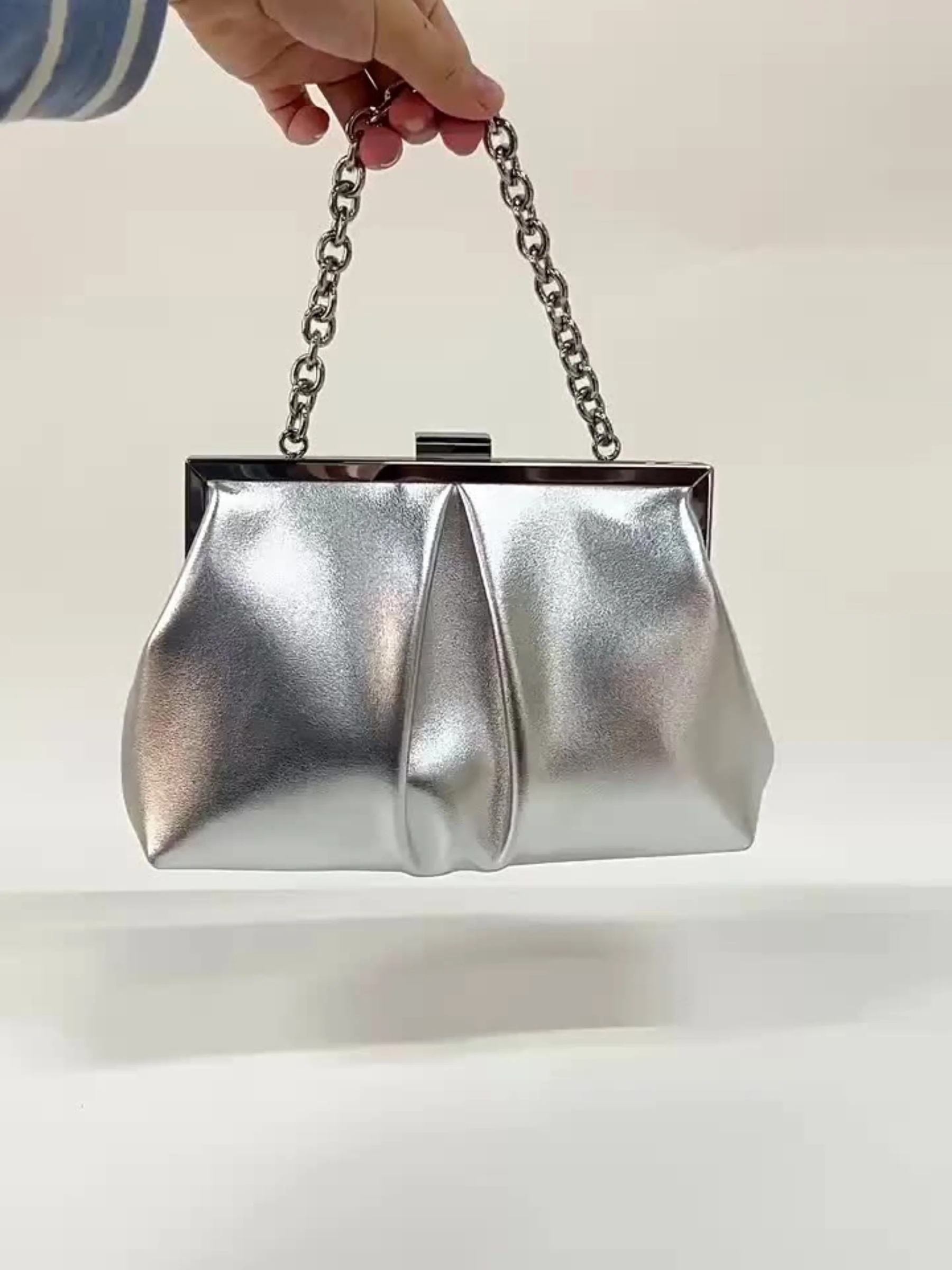 Gold Elegant Metallic Chain Clutch Bag With Ruffles - Image 11