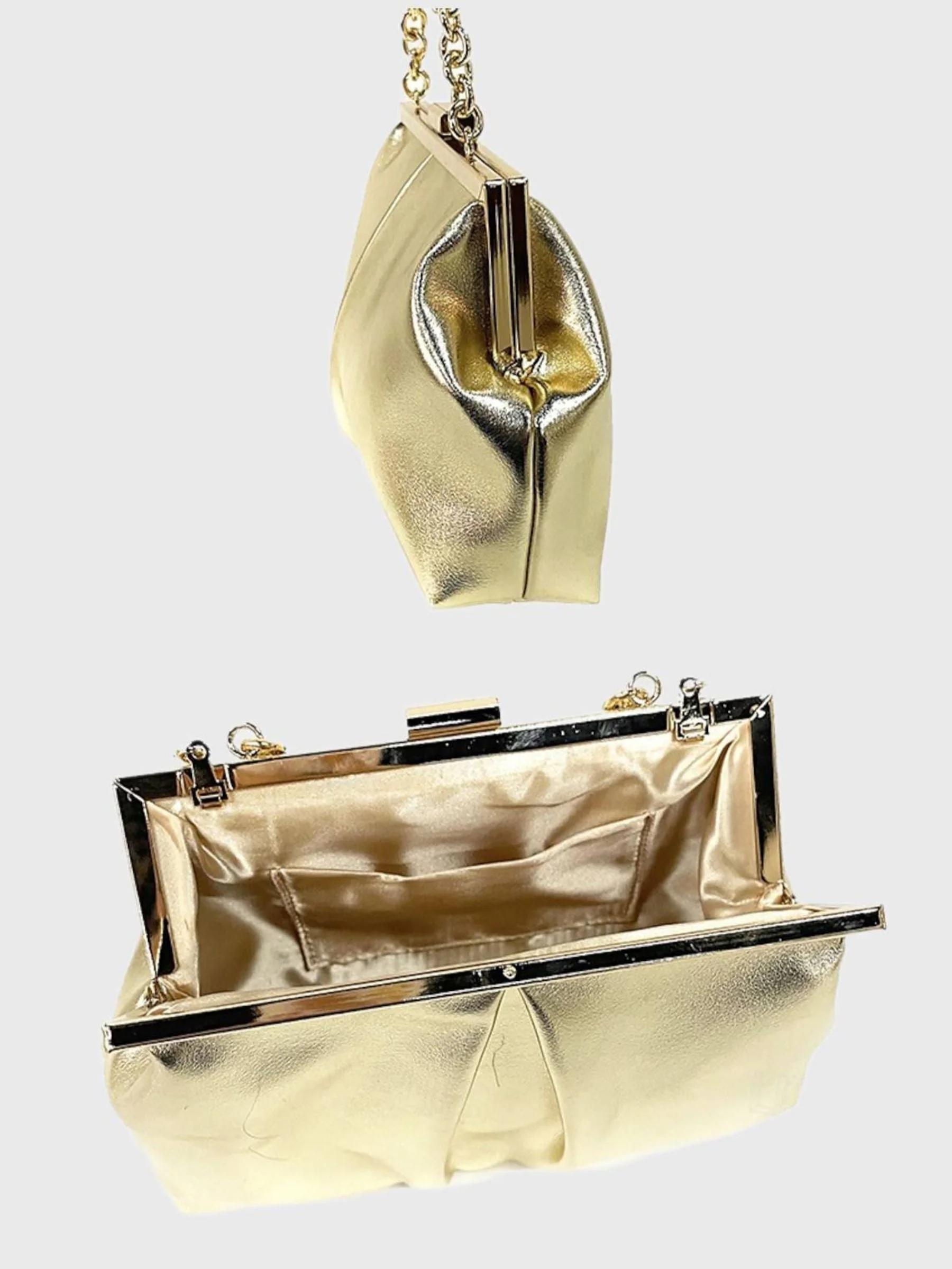 Gold Elegant Metallic Chain Clutch Bag With Ruffles - Image 2