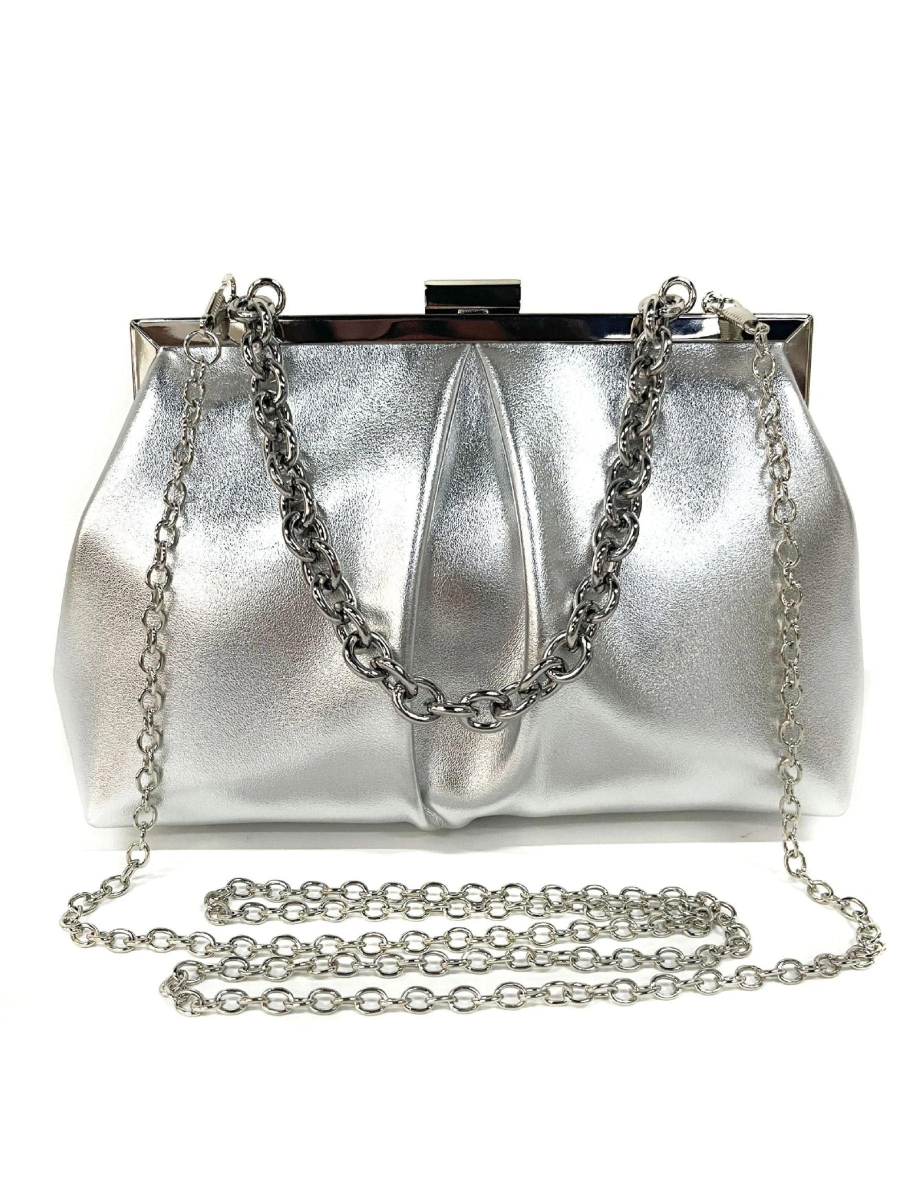 Gold Elegant Metallic Chain Clutch Bag With Ruffles - Image 3