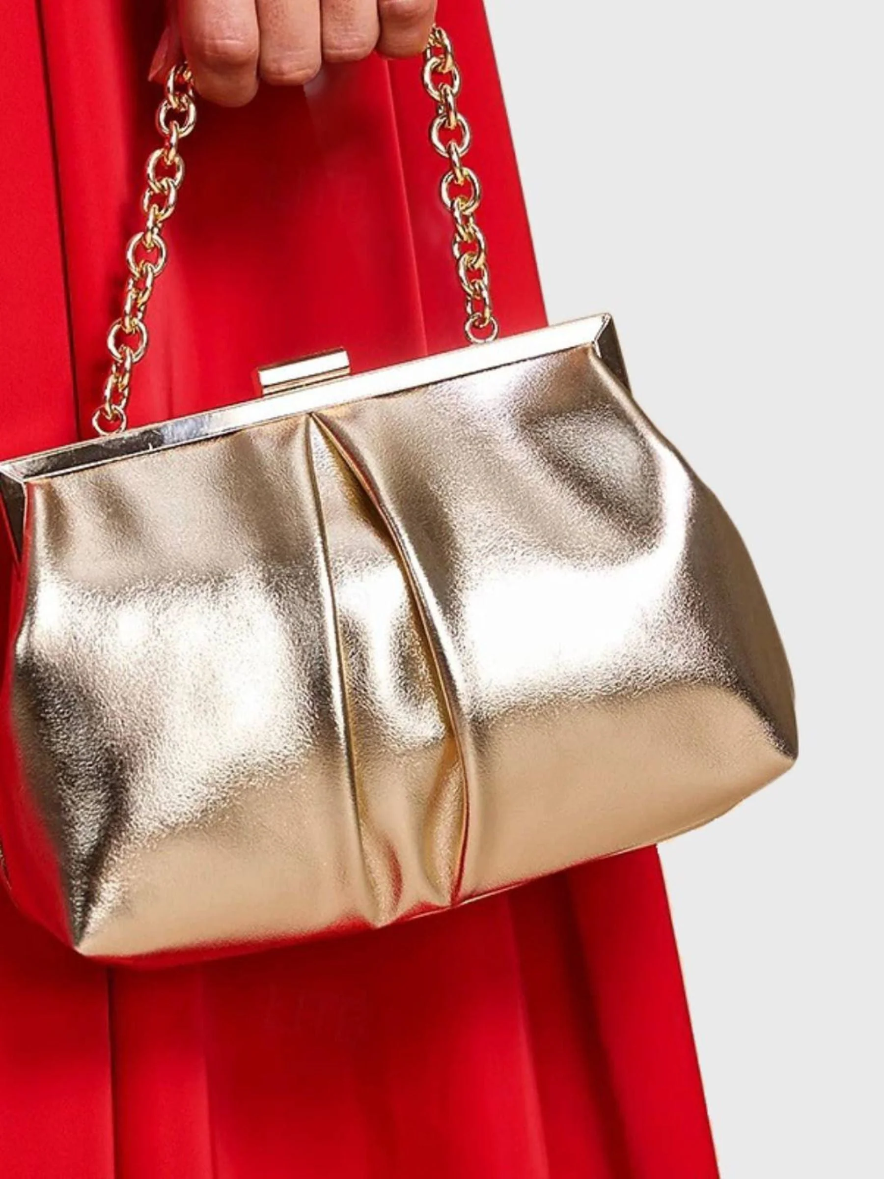 Gold Elegant Metallic Chain Clutch Bag With Ruffles - Image 4