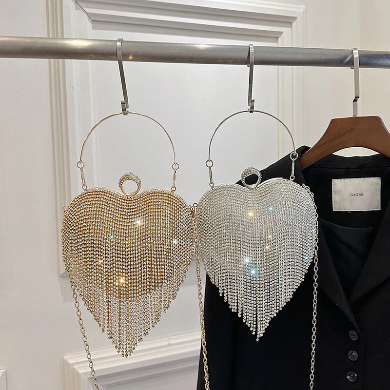Gold PVC High-End Elegant Heart Daily Wedding Party Clutch Bag with Crystal Tassel - Image 4