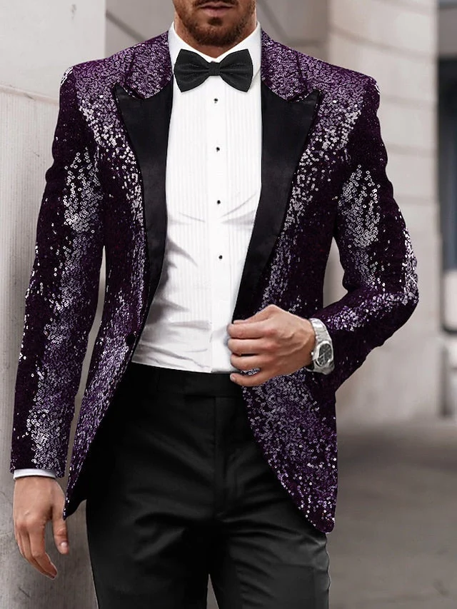 Gold Red Blue Grey Purple Men's Tailored Fit Single Breasted One-button Sequins Party Jacket - Image 6