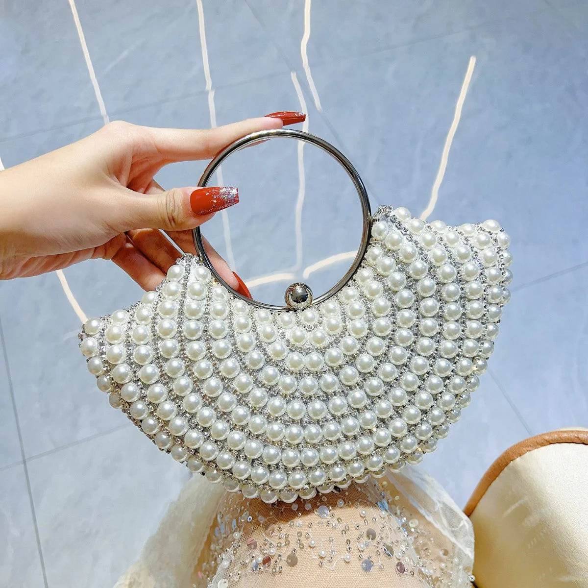 Gold Sector Elegant Luxury Pearl Evening Clutch Bag with Rhinestone - Image 6