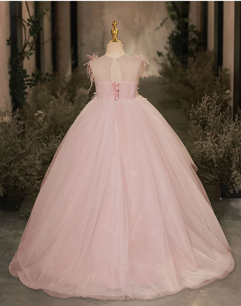 High Low Sweep Train Sleeveless Flower Girl Dresses with Rhinestone & Feathers - Image 2