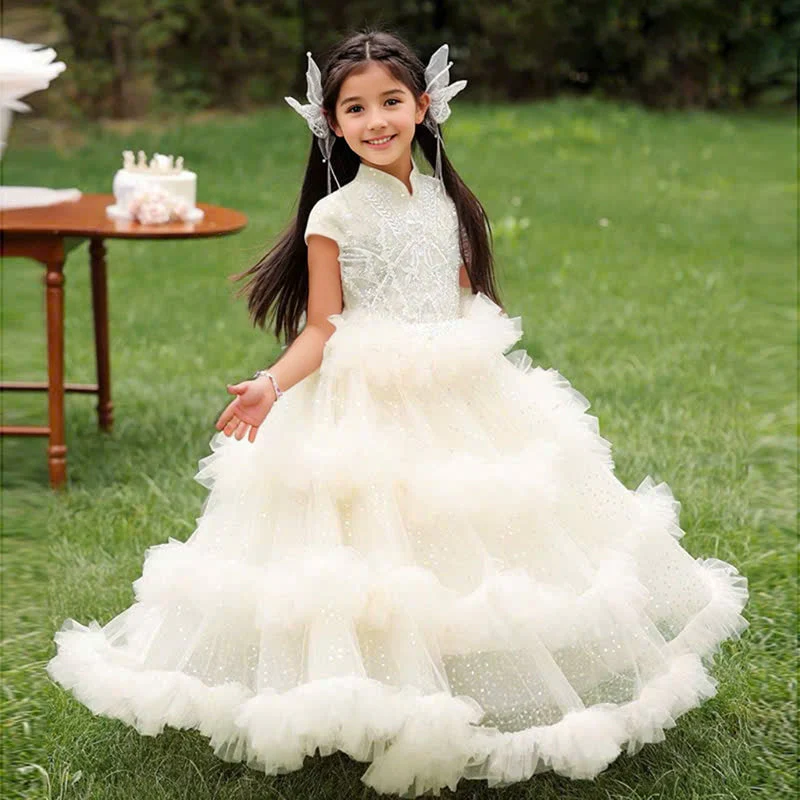 High Neck Ball Gown Short Sleeves Ruffles Girl Party Dress with Rhinestones