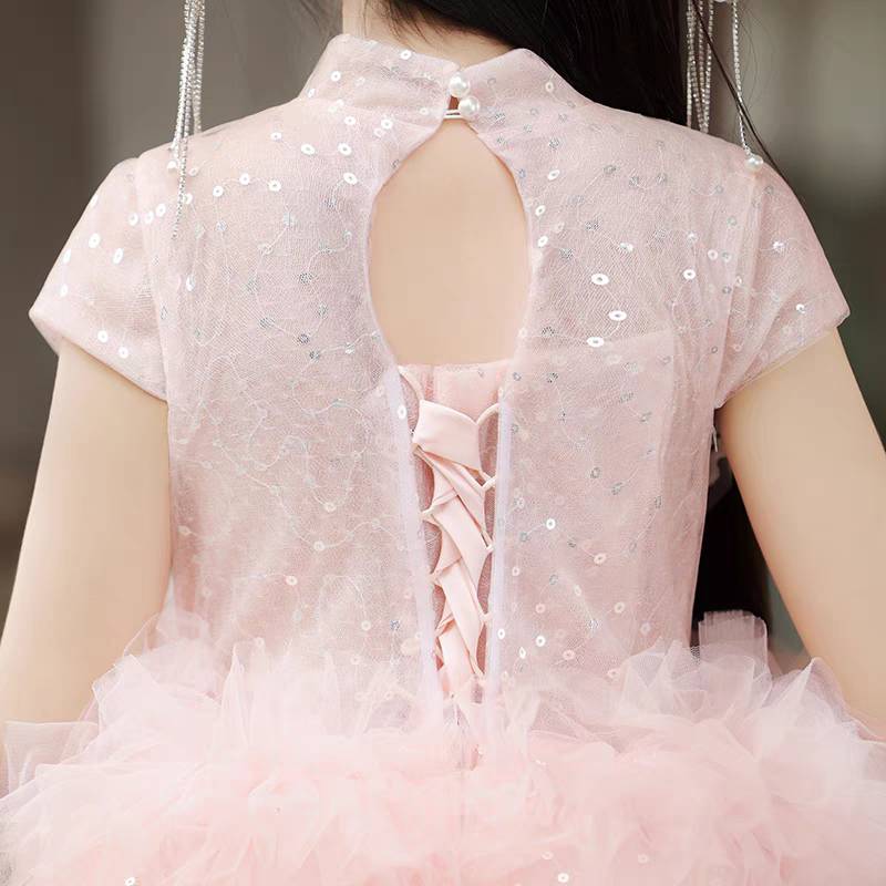 High Neck Ball Gown Short Sleeves Ruffles Girl Party Dress with Rhinestones - Image 2